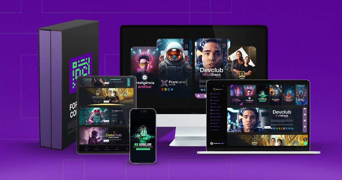 Imagem promocional com fundo roxo, destacando dispositivos como computador, laptop, tablet e smartphone exibindo uma plataforma de cursos online. No centro, aparecem módulos temáticos como 'Inteligência Artificial', 'Front-end Club' e 'Devclub FullStack'. À esquerda, há uma caixa estilizada com um logotipo em roxo e verde. O design transmite modernidade, tecnologia e educação digital.