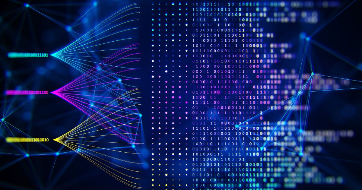 Uma representação artística de inteligência artificial e redes neurais. À esquerda, fluxos de dados coloridos (azul, rosa e amarelo) conectam-se a uma matriz de pontos iluminados e números binários (0s e 1s) à direita. Linhas brilhantes simbolizam a transmissão de dados por meio de uma rede interligada, com um fundo azul escuro que reforça o tema tecnológico e futurista.