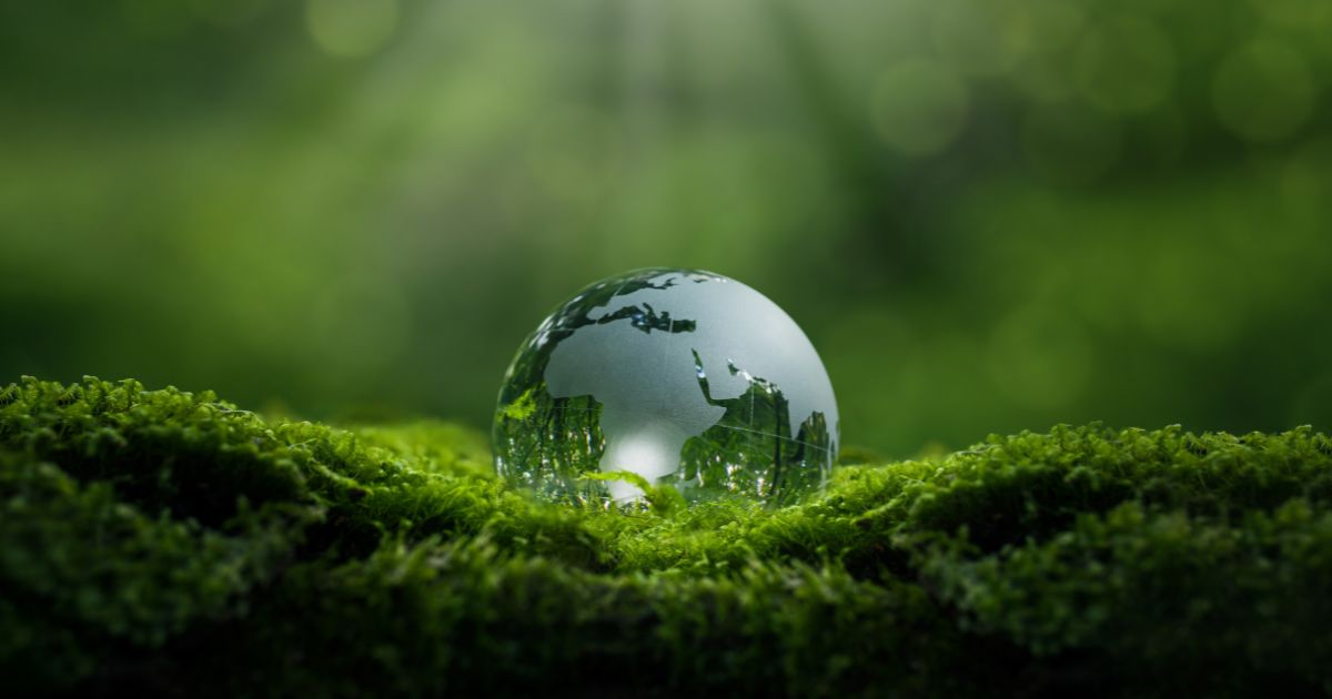 Uma esfera de vidro transparente repousa sobre um solo coberto de musgo verde vibrante. A esfera reflete uma imagem estilizada do planeta Terra, com os continentes visíveis, sugerindo um conceito de sustentabilidade e conexão com a natureza. O fundo desfocado exibe tons de verde suave, criando um ambiente sereno e harmonioso.